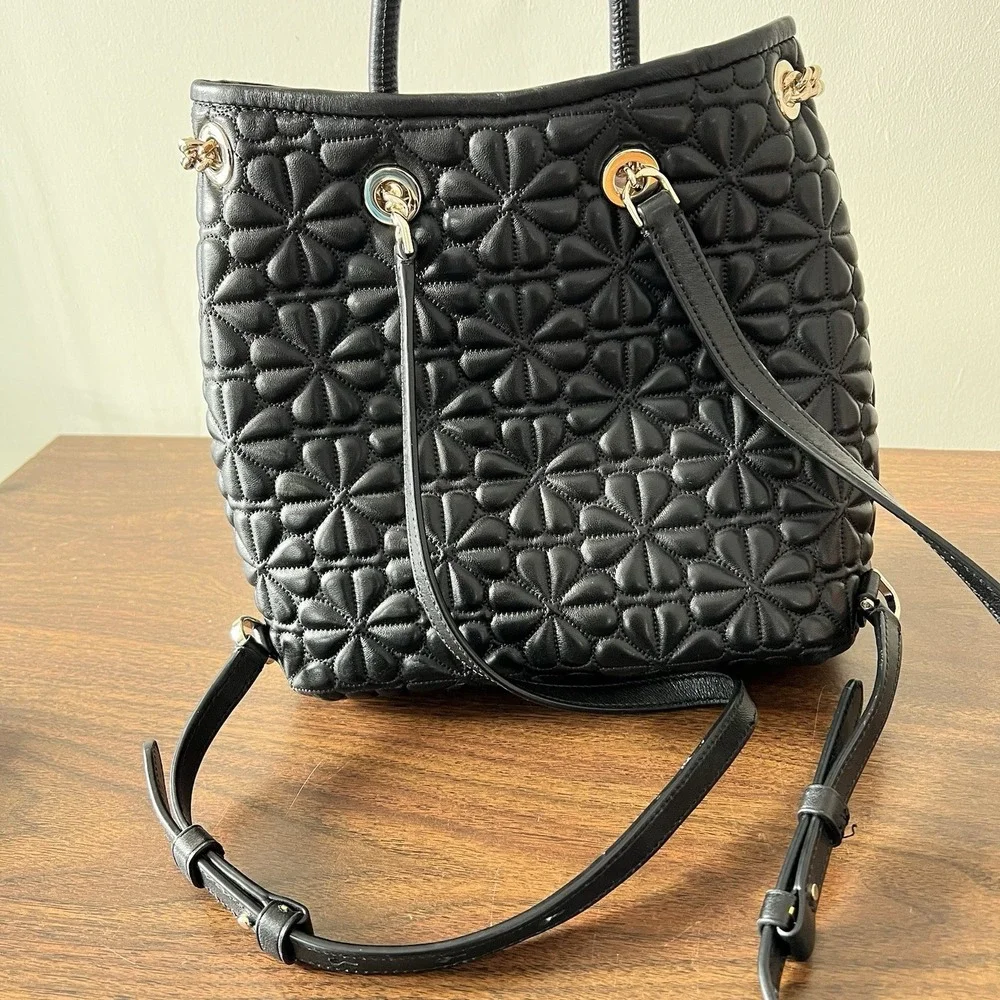 New Kate Spade Bloom Medium Quilted Leather Backpack Black Drawstring Chain $478